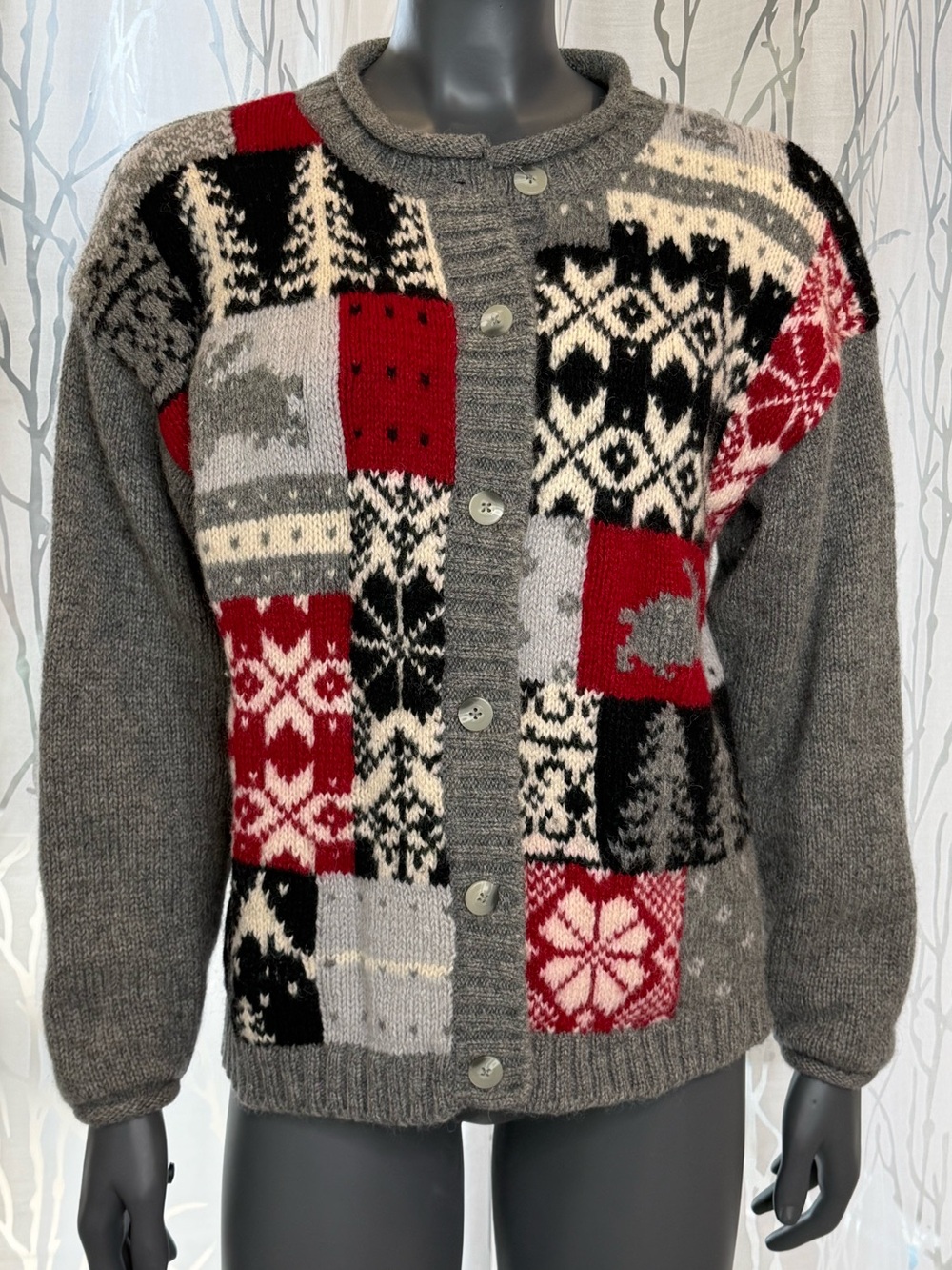 Vintage Eddie Bauer 100% Wool Patchwork Cabin Style Cardigan Sweater Size L Gray